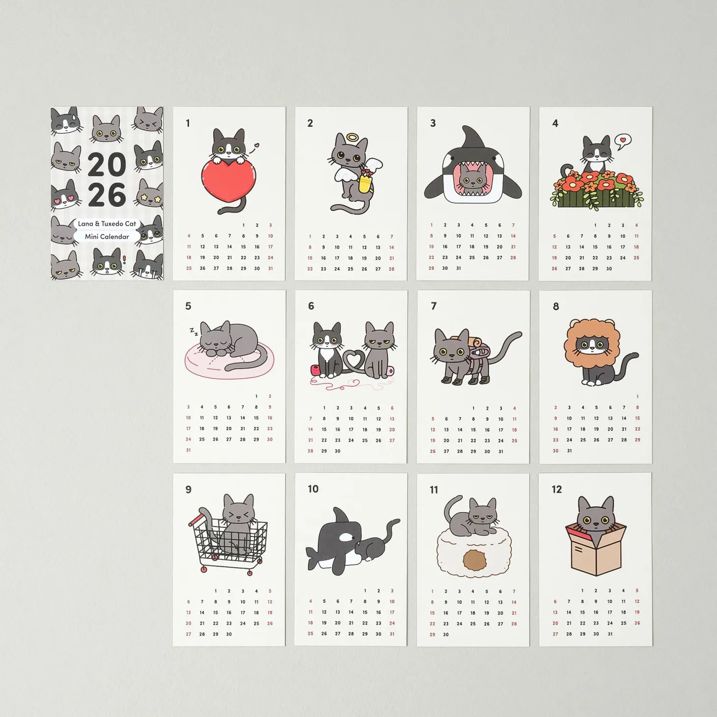 2026 Lana & Tuxedo Cat Mini Calendar Sheets